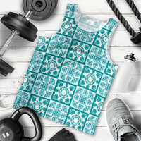 Cyan Palaka Quilt Hawaii Men Tank Top Hawaiian Tropical Monstera Sea Turtle