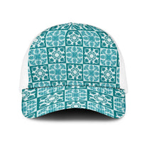 Cyan Palaka Quilt Hawaii Mesh Trucker Cap Hawaiian Tropical Monstera Sea Turtle