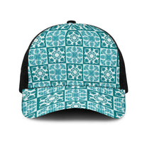 Cyan Palaka Quilt Hawaii Mesh Trucker Cap Hawaiian Tropical Monstera Sea Turtle