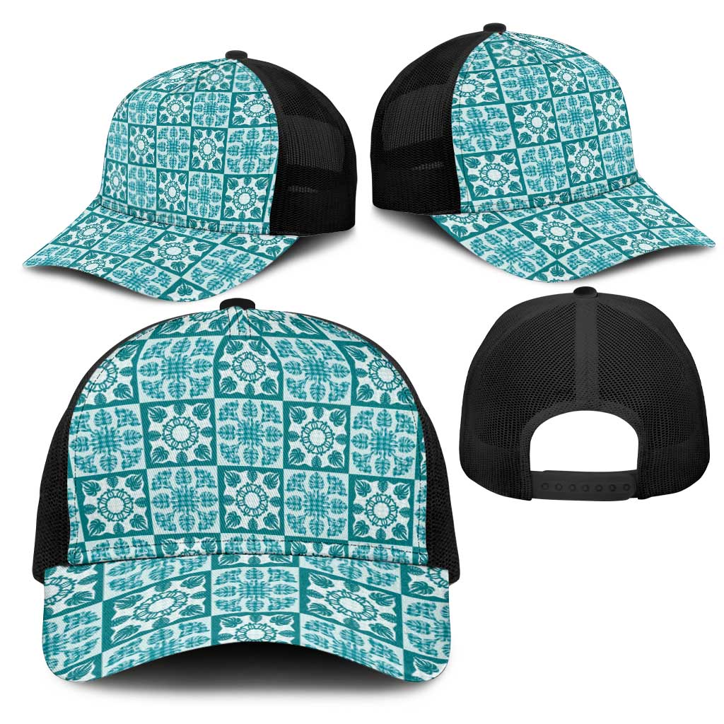 Cyan Palaka Quilt Hawaii Mesh Trucker Cap Hawaiian Tropical Monstera Sea Turtle