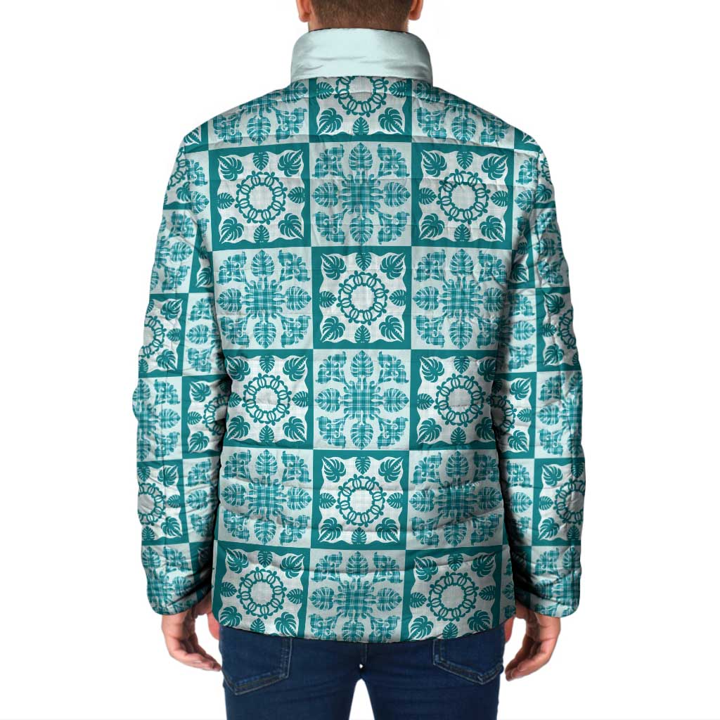 Cyan Palaka Quilt Hawaii Padded Jacket Hawaiian Tropical Monstera Sea Turtle