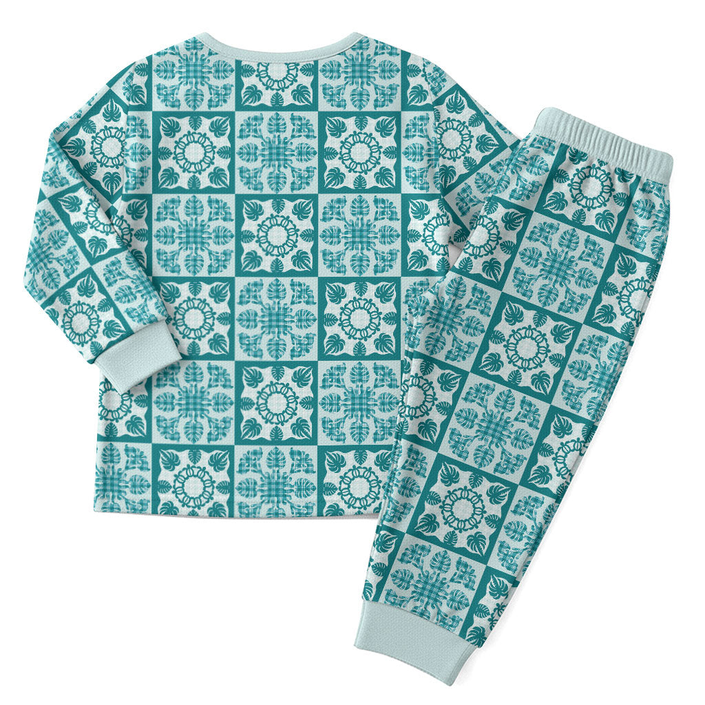 Cyan Palaka Quilt Hawaii Christmas Pajama Set Hawaiian Tropical Monstera Sea Turtle