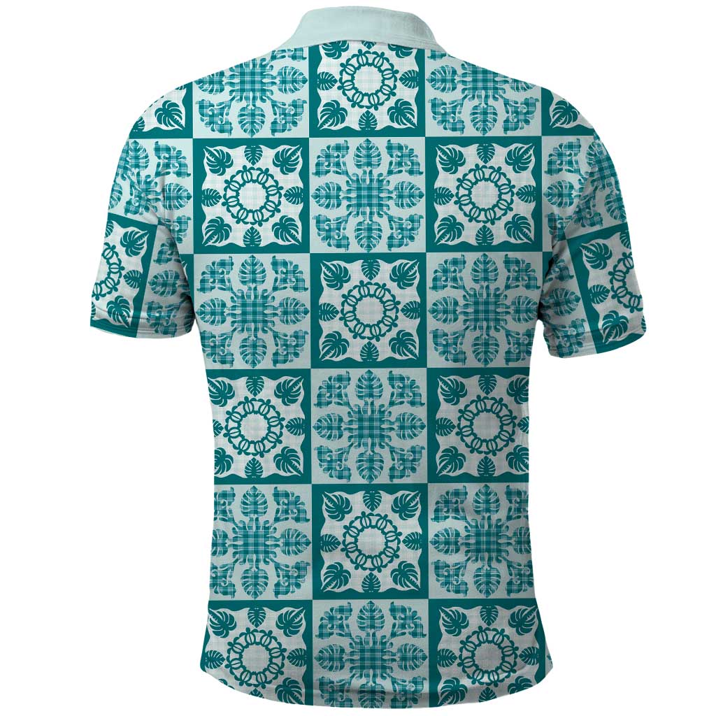 Cyan Palaka Quilt Hawaii Polo Shirt Hawaiian Tropical Monstera Sea Turtle