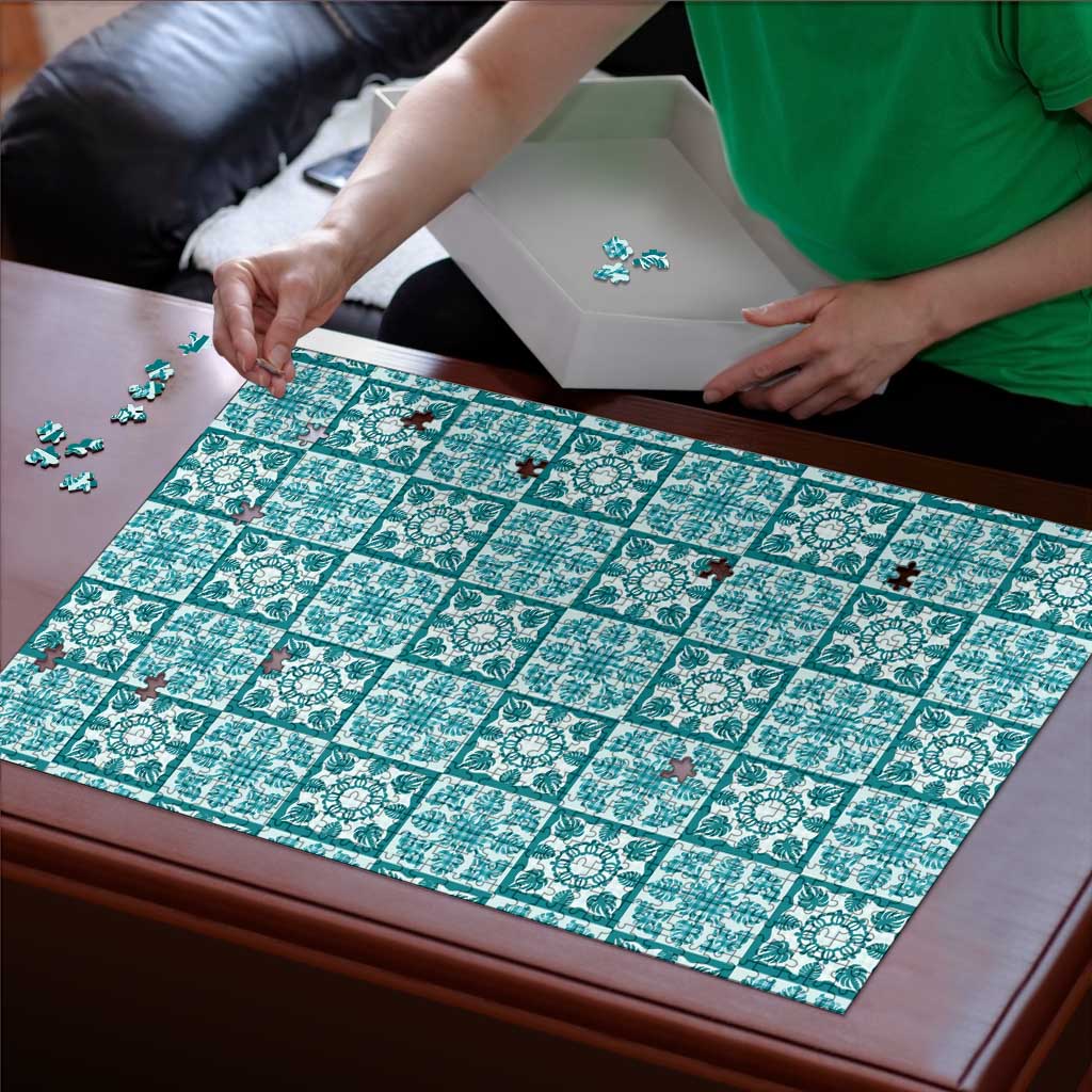 Cyan Palaka Quilt Hawaii Puzzle Hawaiian Tropical Monstera Sea Turtle