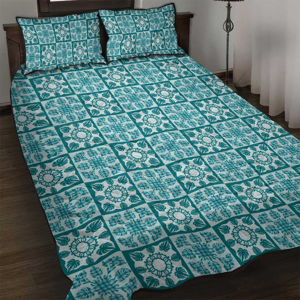 Cyan Palaka Quilt Hawaii Quilt Bed Set Hawaiian Tropical Monstera Sea Turtle