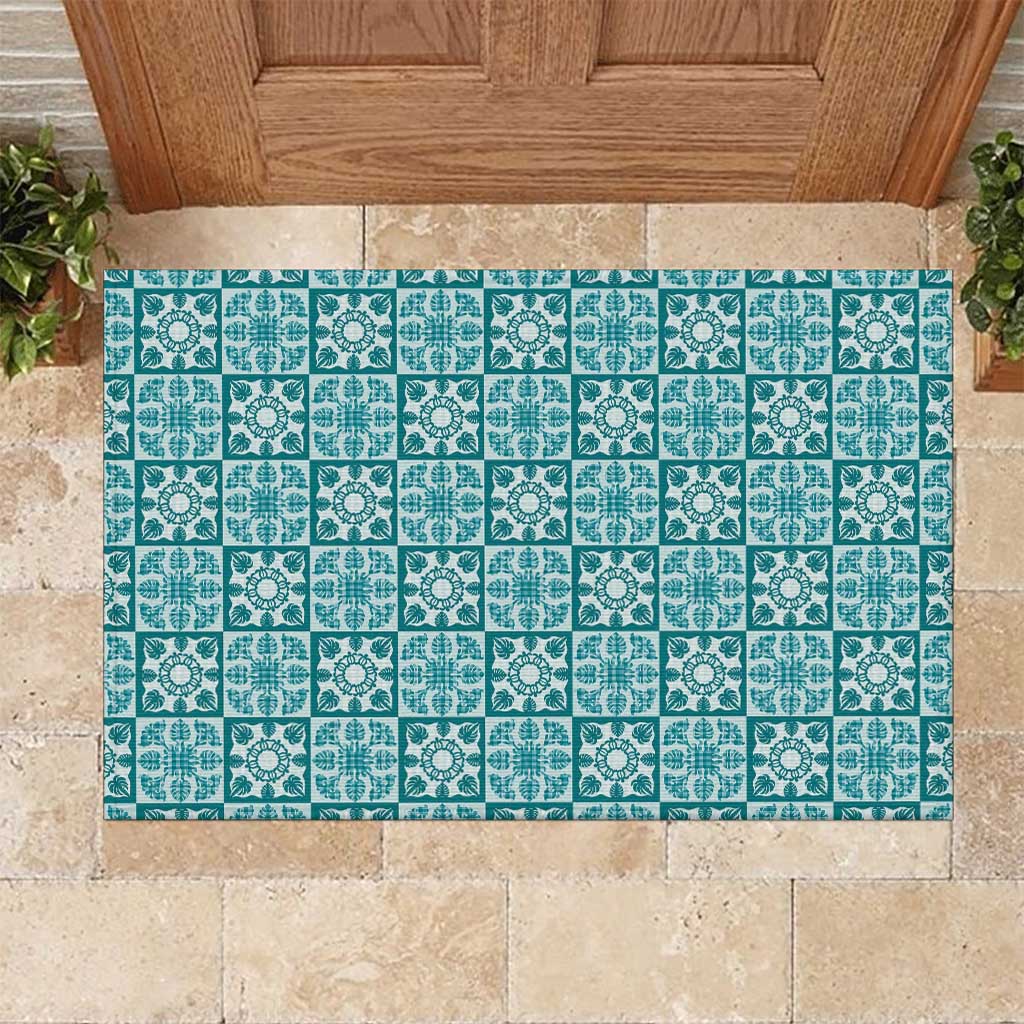 Cyan Palaka Quilt Hawaii Rubber Doormat Hawaiian Tropical Monstera Sea Turtle