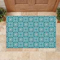 Cyan Palaka Quilt Hawaii Rubber Doormat Hawaiian Tropical Monstera Sea Turtle