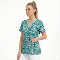 Cyan Palaka Quilt Hawaii Scrub Top Hawaiian Tropical Monstera Sea Turtle
