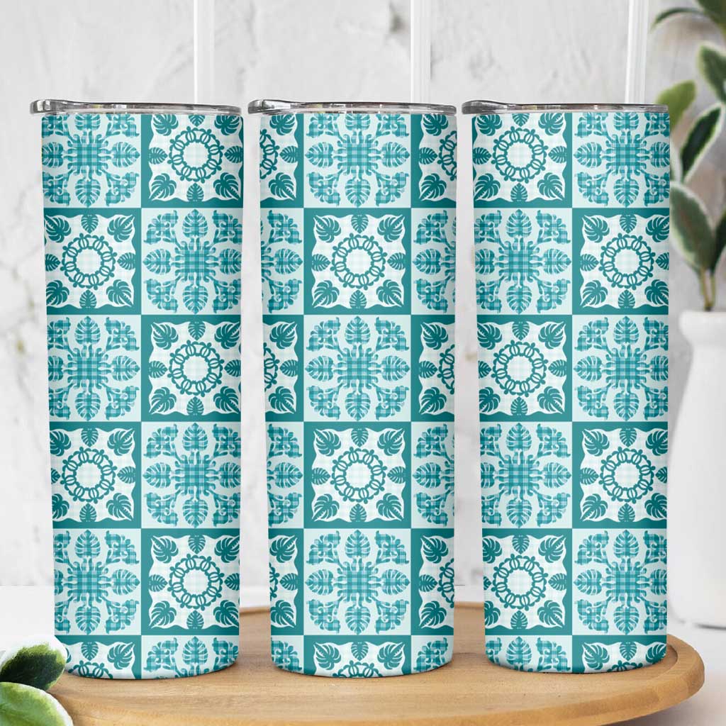 Cyan Palaka Quilt Hawaii Skinny Tumbler Hawaiian Tropical Monstera Sea Turtle