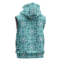 Cyan Palaka Quilt Hawaii Sleeveless Hoodie Hawaiian Tropical Monstera Sea Turtle