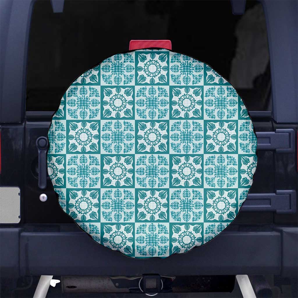 Cyan Palaka Quilt Hawaii Spare Tire Cover Hawaiian Tropical Monstera Sea Turtle