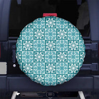 Cyan Palaka Quilt Hawaii Spare Tire Cover Hawaiian Tropical Monstera Sea Turtle