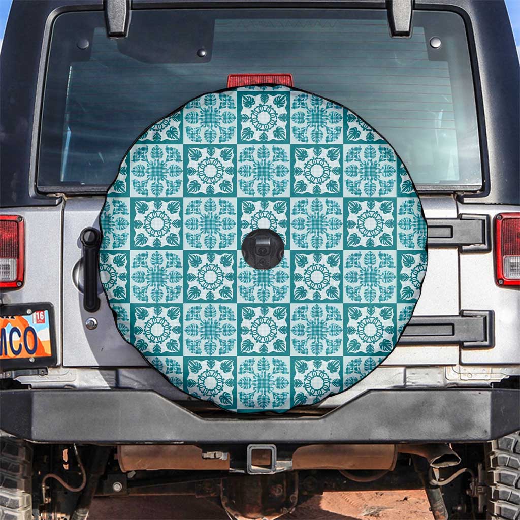 Cyan Palaka Quilt Hawaii Spare Tire Cover Hawaiian Tropical Monstera Sea Turtle