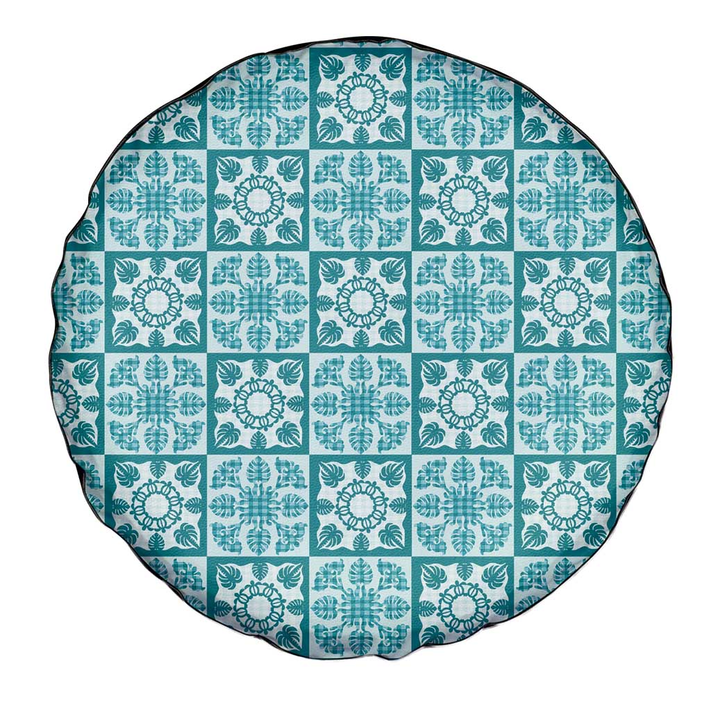 Cyan Palaka Quilt Hawaii Spare Tire Cover Hawaiian Tropical Monstera Sea Turtle