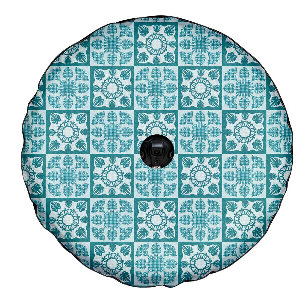 Cyan Palaka Quilt Hawaii Spare Tire Cover Hawaiian Tropical Monstera Sea Turtle