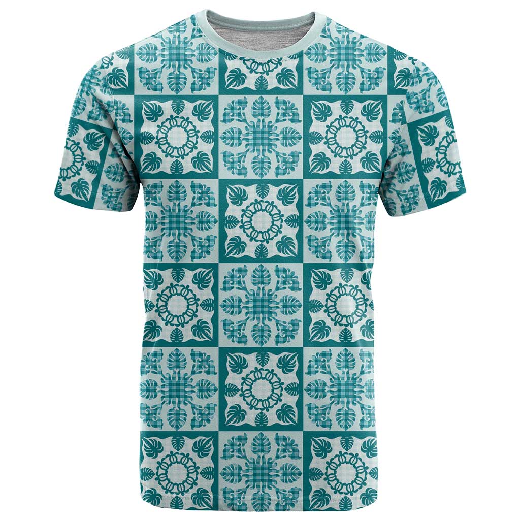 Cyan Palaka Quilt Hawaii T Shirt Hawaiian Tropical Monstera Sea Turtle