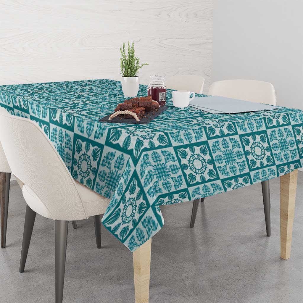 Cyan Palaka Quilt Hawaii Tablecloth Hawaiian Tropical Monstera Sea Turtle
