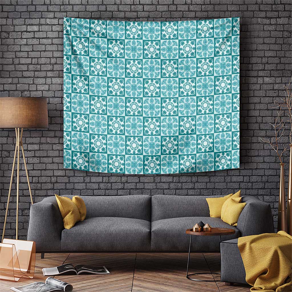 Cyan Palaka Quilt Hawaii Tapestry Hawaiian Tropical Monstera Sea Turtle
