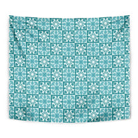 Cyan Palaka Quilt Hawaii Tapestry Hawaiian Tropical Monstera Sea Turtle