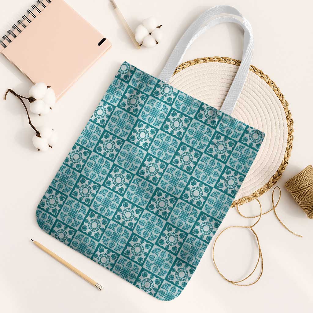 Cyan Palaka Quilt Hawaii Tote Bag Hawaiian Tropical Monstera Sea Turtle