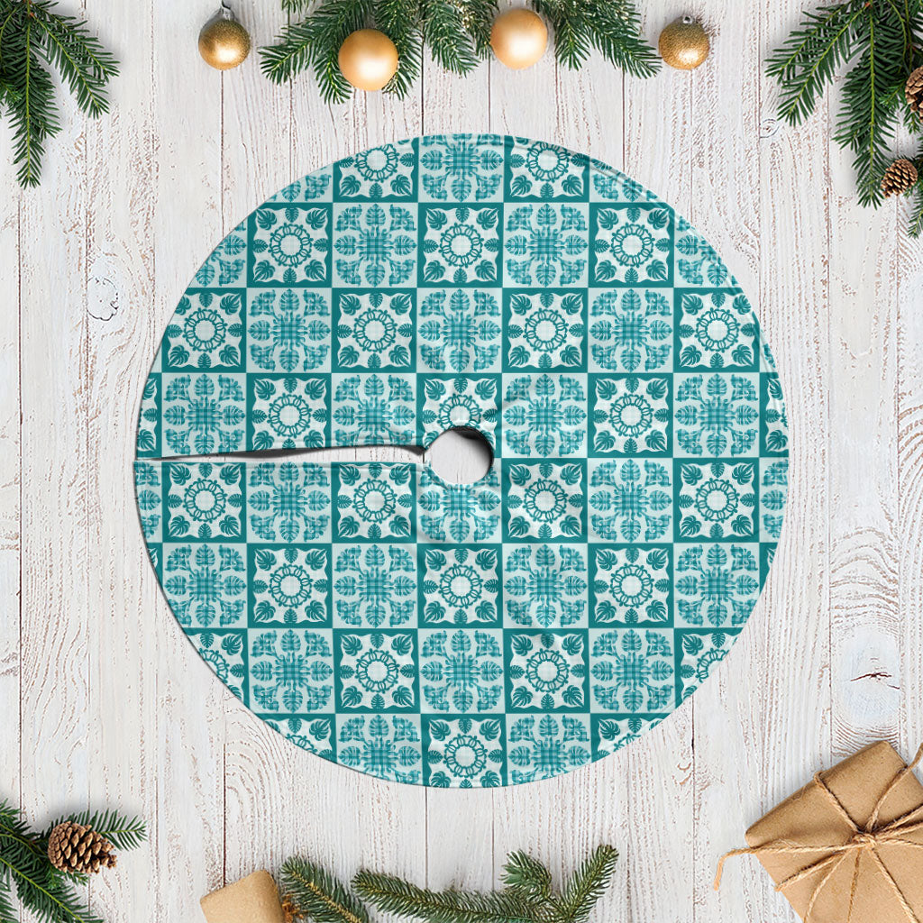 Cyan Palaka Quilt Hawaii Tree Skirt Hawaiian Tropical Monstera Sea Turtle