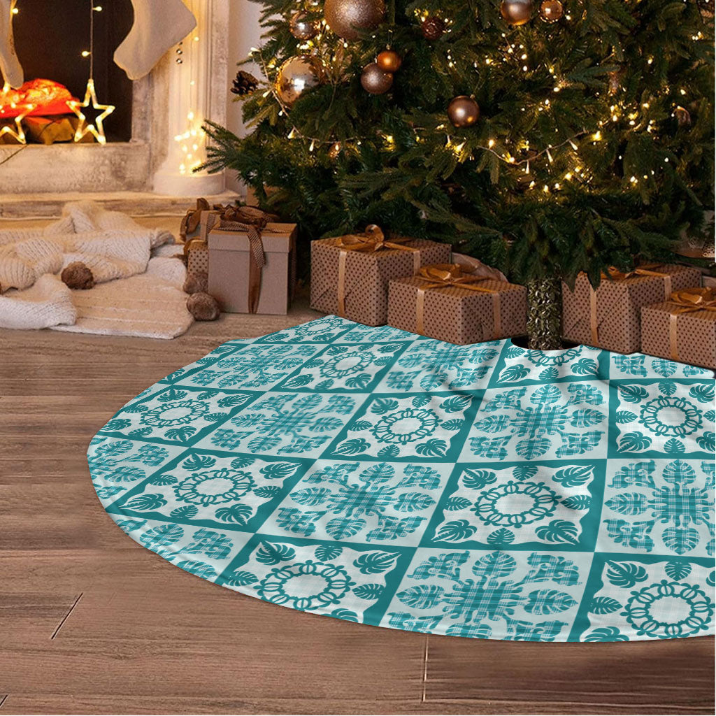 Cyan Palaka Quilt Hawaii Tree Skirt Hawaiian Tropical Monstera Sea Turtle