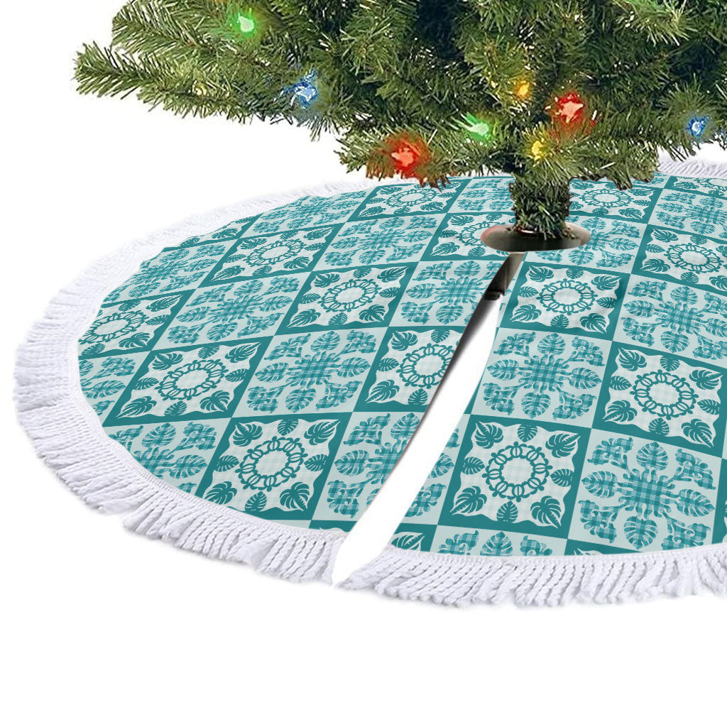 Cyan Palaka Quilt Hawaii Tree Skirt Hawaiian Tropical Monstera Sea Turtle