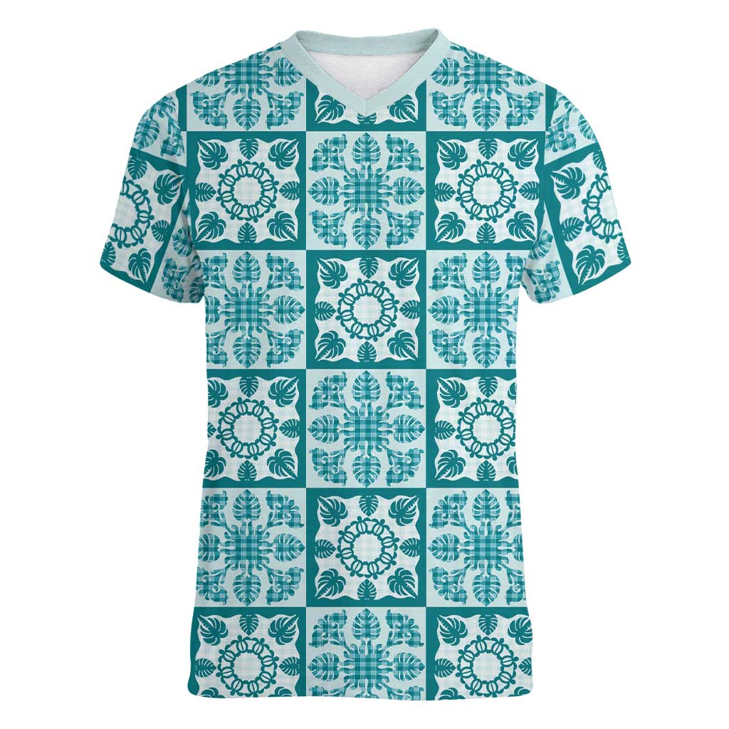 Cyan Palaka Quilt Hawaii Women V-Neck T-Shirt Hawaiian Tropical Monstera Sea Turtle