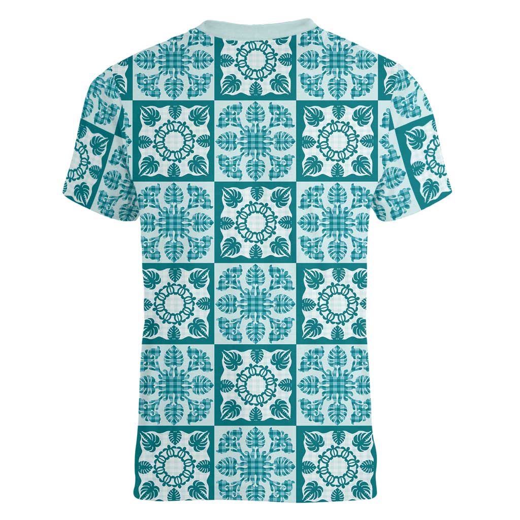 Cyan Palaka Quilt Hawaii Women V-Neck T-Shirt Hawaiian Tropical Monstera Sea Turtle