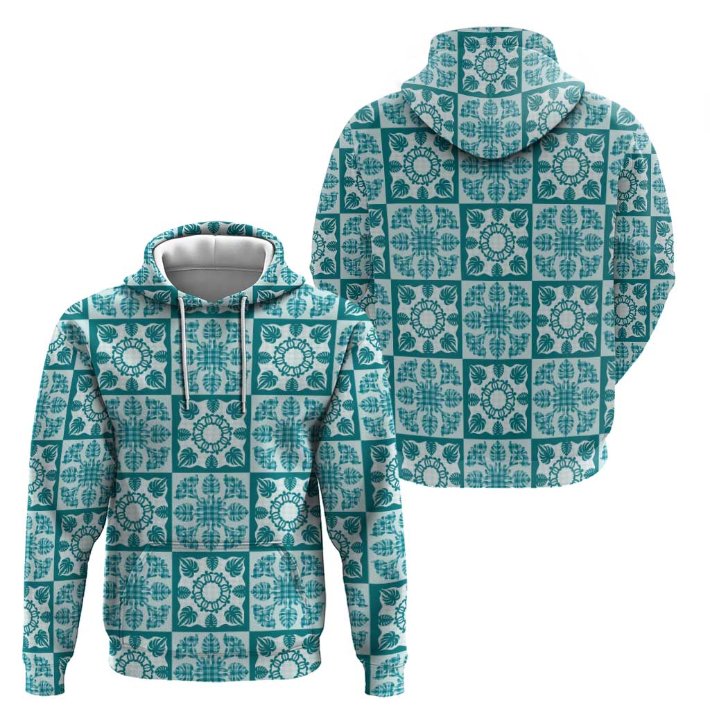 Cyan Palaka Quilt Hawaii Zip Hoodie Hawaiian Tropical Monstera Sea Turtle