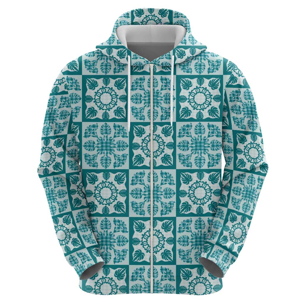 Cyan Palaka Quilt Hawaii Zip Hoodie Hawaiian Tropical Monstera Sea Turtle