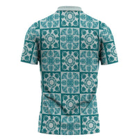 Cyan Palaka Quilt Hawaii Zipper Polo Shirt Hawaiian Tropical Monstera Sea Turtle