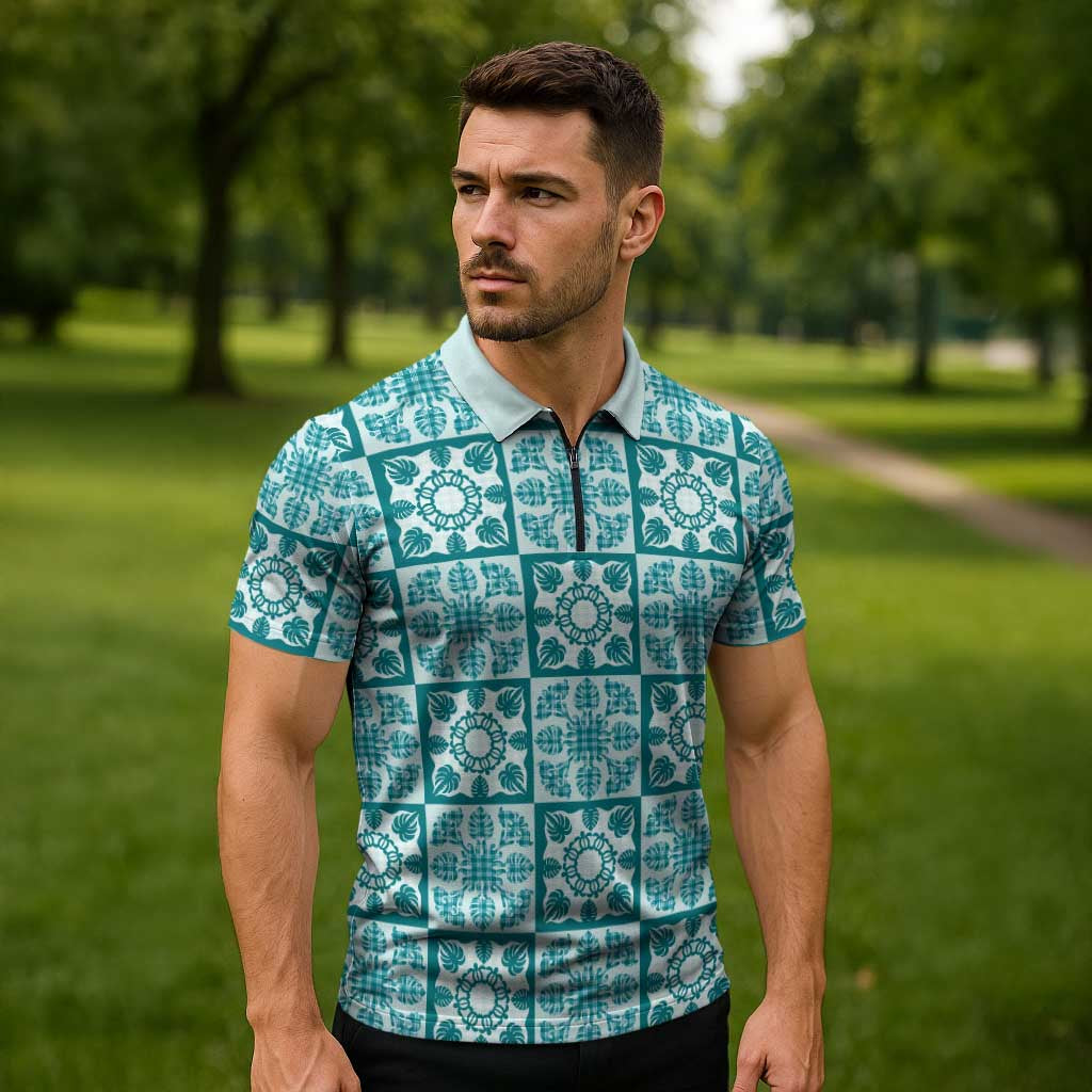 Cyan Palaka Quilt Hawaii Zipper Polo Shirt Hawaiian Tropical Monstera Sea Turtle