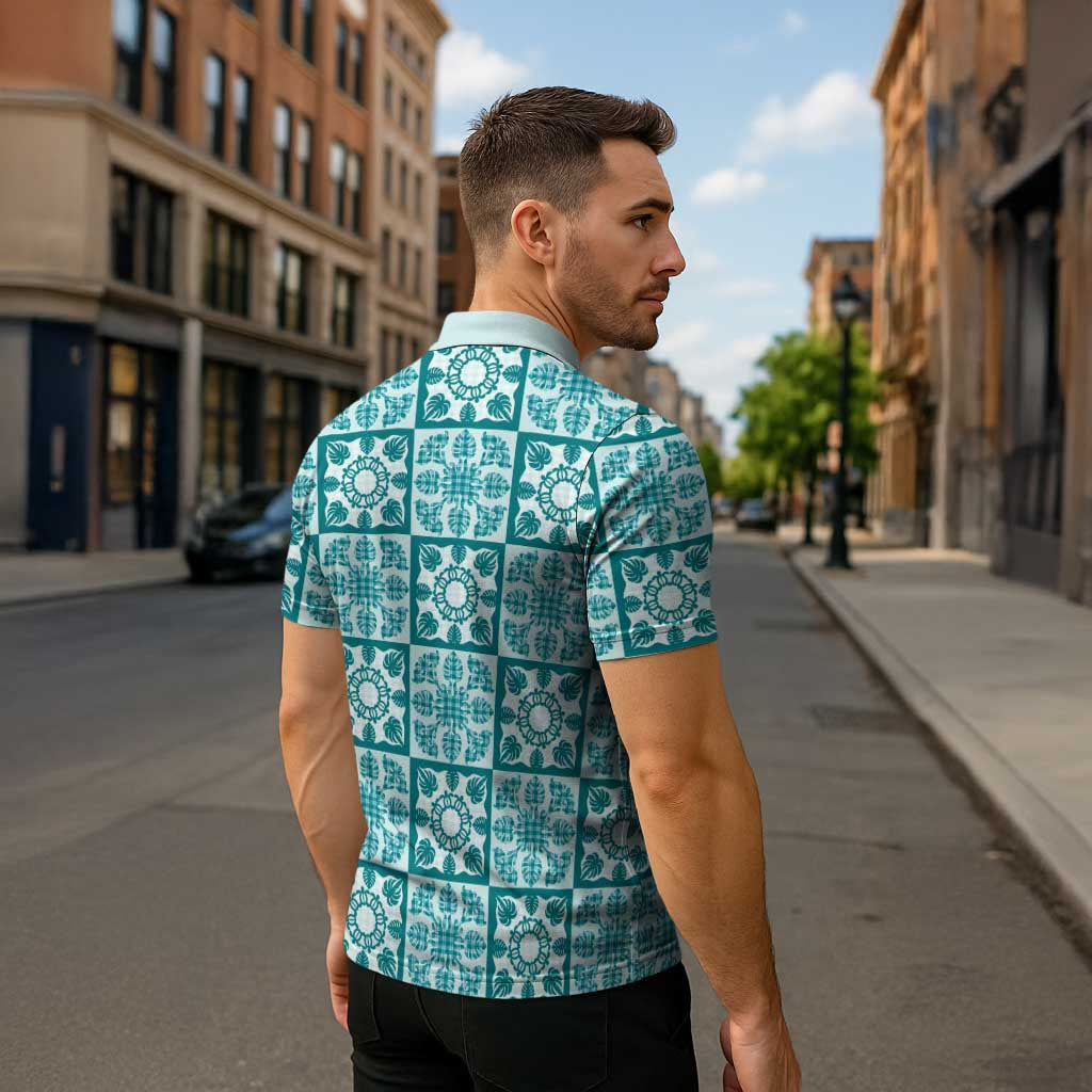 Cyan Palaka Quilt Hawaii Zipper Polo Shirt Hawaiian Tropical Monstera Sea Turtle