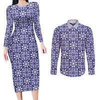 Polu Palaka Quilt Hawaii Couples Matching Long Sleeve Bodycon Dress and Long Sleeve Button Shirt Hawaiian Tropical Monstera Sea Turtle LT14 Blue - Polynesian Pride
