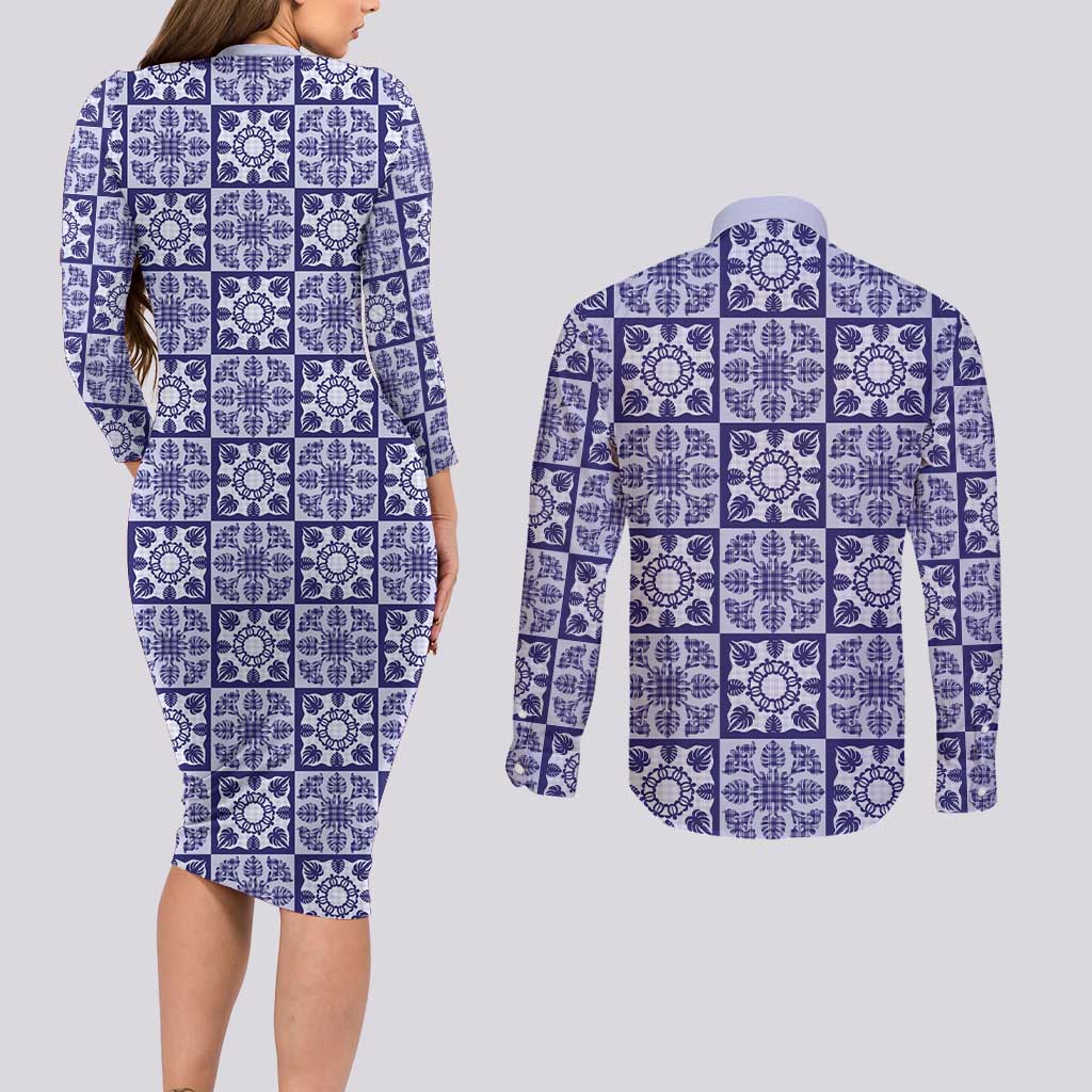 Polu Palaka Quilt Hawaii Couples Matching Long Sleeve Bodycon Dress and Long Sleeve Button Shirt Hawaiian Tropical Monstera Sea Turtle LT14 - Polynesian Pride