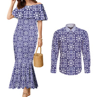 Polu Palaka Quilt Hawaii Couples Matching Mermaid Dress and Long Sleeve Button Shirt Hawaiian Tropical Monstera Sea Turtle LT14 Blue - Polynesian Pride