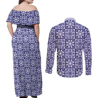 Polu Palaka Quilt Hawaii Couples Matching Off Shoulder Maxi Dress and Long Sleeve Button Shirt Hawaiian Tropical Monstera Sea Turtle