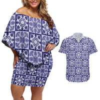 Polu Palaka Quilt Hawaii Couples Matching Off Shoulder Short Dress and Hawaiian Shirt Hawaiian Tropical Monstera Sea Turtle LT14 Blue - Polynesian Pride