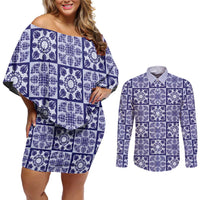 Polu Palaka Quilt Hawaii Couples Matching Off Shoulder Short Dress and Long Sleeve Button Shirt Hawaiian Tropical Monstera Sea Turtle