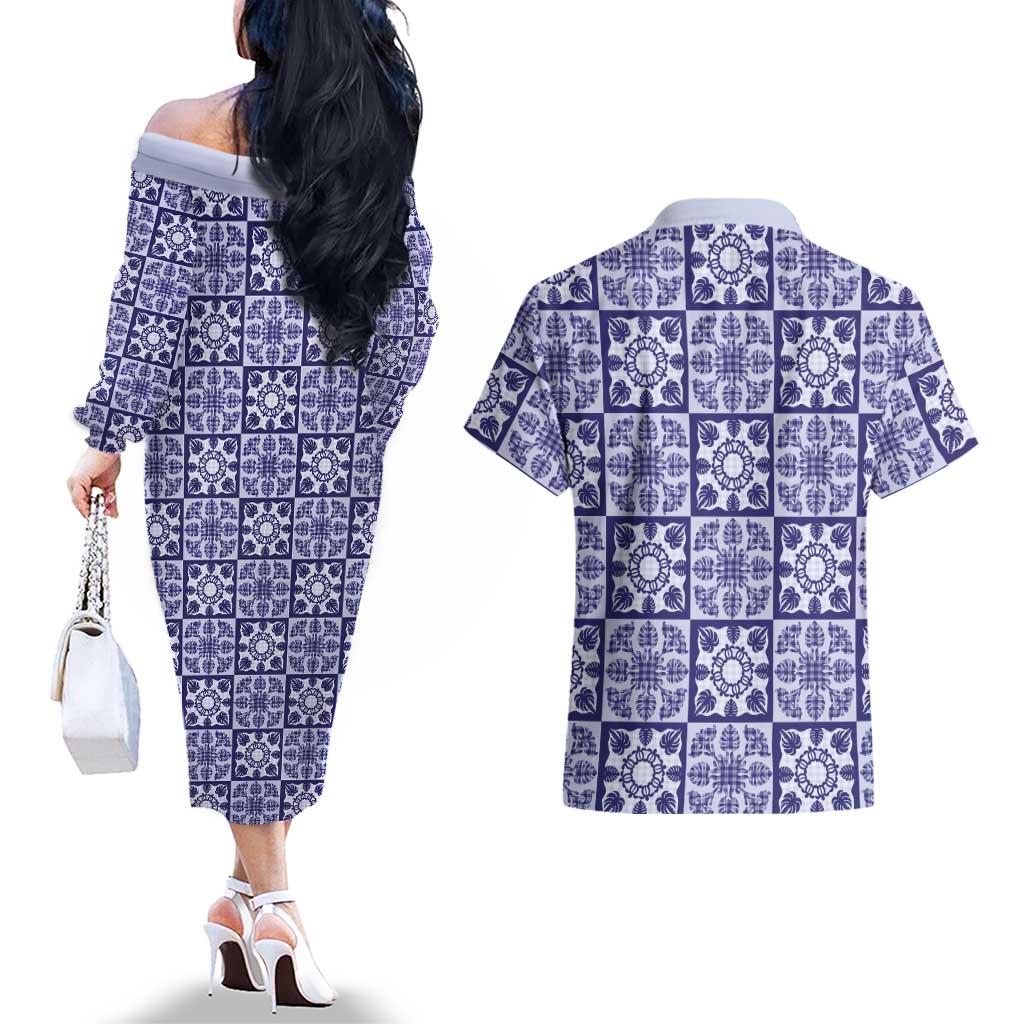 Polu Palaka Quilt Hawaii Couples Matching Off The Shoulder Long Sleeve Dress and Hawaiian Shirt Hawaiian Tropical Monstera Sea Turtle LT14 - Polynesian Pride