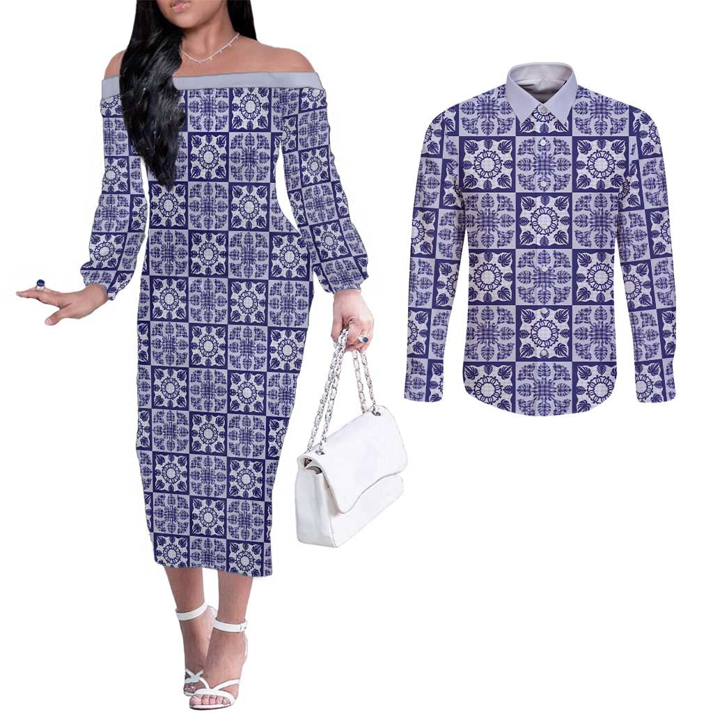 Polu Palaka Quilt Hawaii Couples Matching Off The Shoulder Long Sleeve Dress and Long Sleeve Button Shirt Hawaiian Tropical Monstera Sea Turtle LT14 Blue - Polynesian Pride