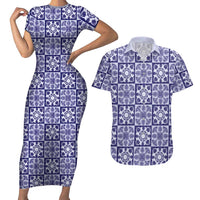 Polu Palaka Quilt Hawaii Couples Matching Short Sleeve Bodycon Dress and Hawaiian Shirt Hawaiian Tropical Monstera Sea Turtle LT14 Blue - Polynesian Pride