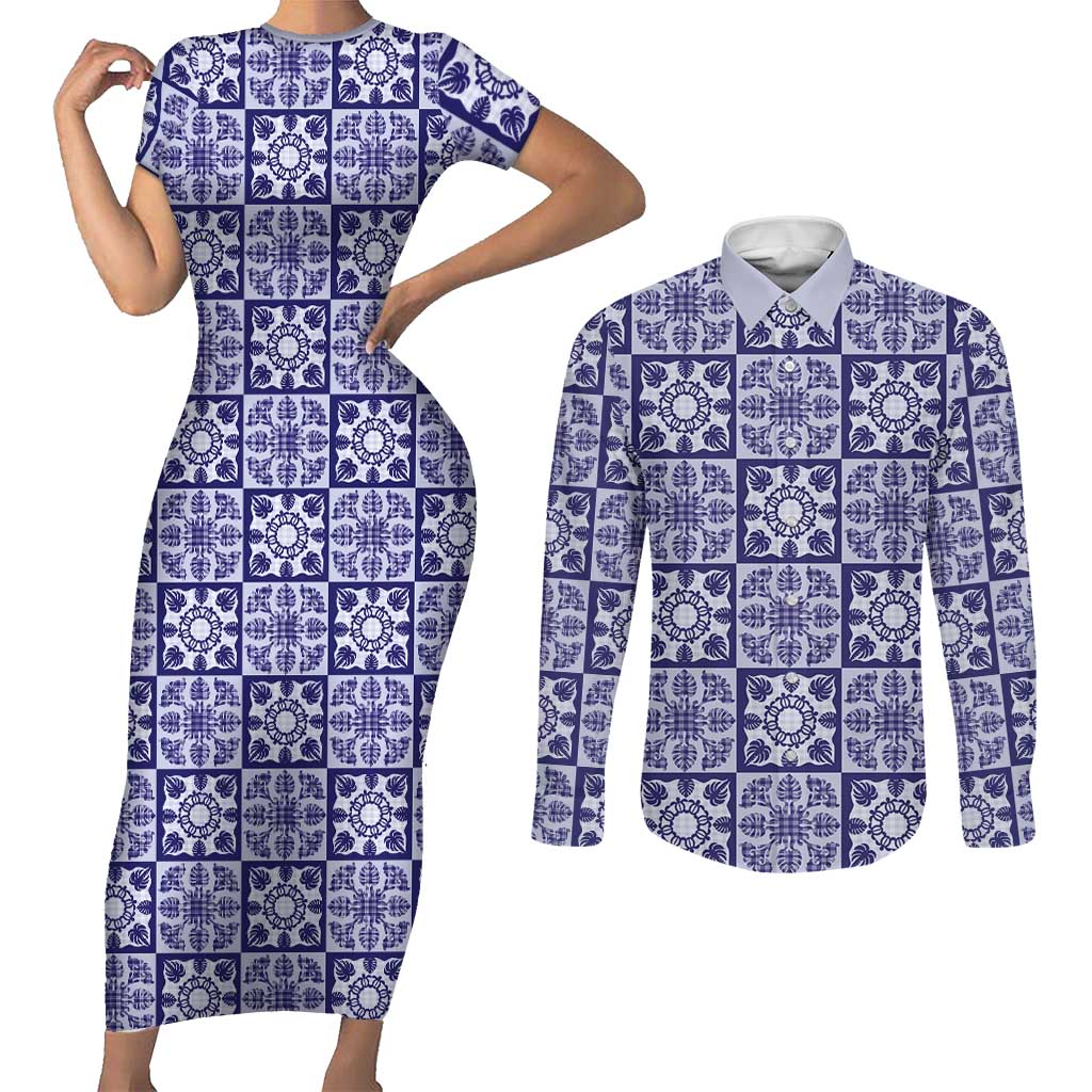 Polu Palaka Quilt Hawaii Couples Matching Short Sleeve Bodycon Dress and Long Sleeve Button Shirt Hawaiian Tropical Monstera Sea Turtle LT14 Blue - Polynesian Pride