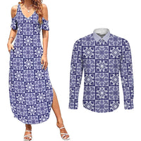Polu Palaka Quilt Hawaii Couples Matching Summer Maxi Dress and Long Sleeve Button Shirt Hawaiian Tropical Monstera Sea Turtle