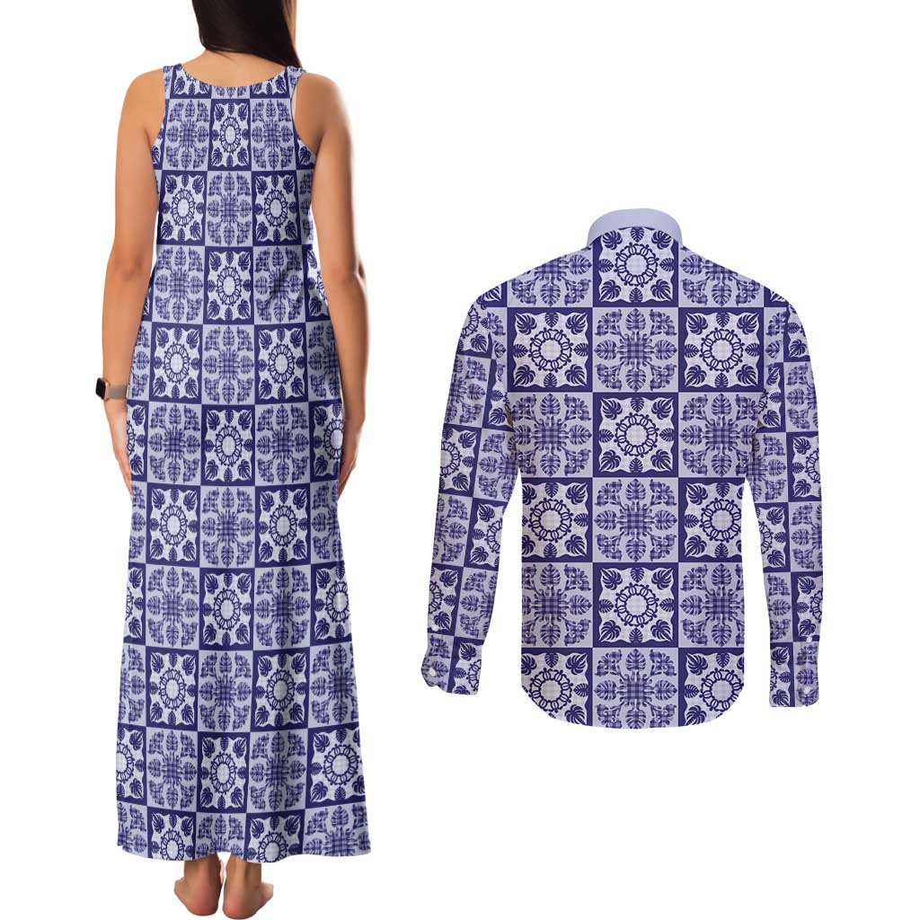 Polu Palaka Quilt Hawaii Couples Matching Tank Maxi Dress and Long Sleeve Button Shirt Hawaiian Tropical Monstera Sea Turtle