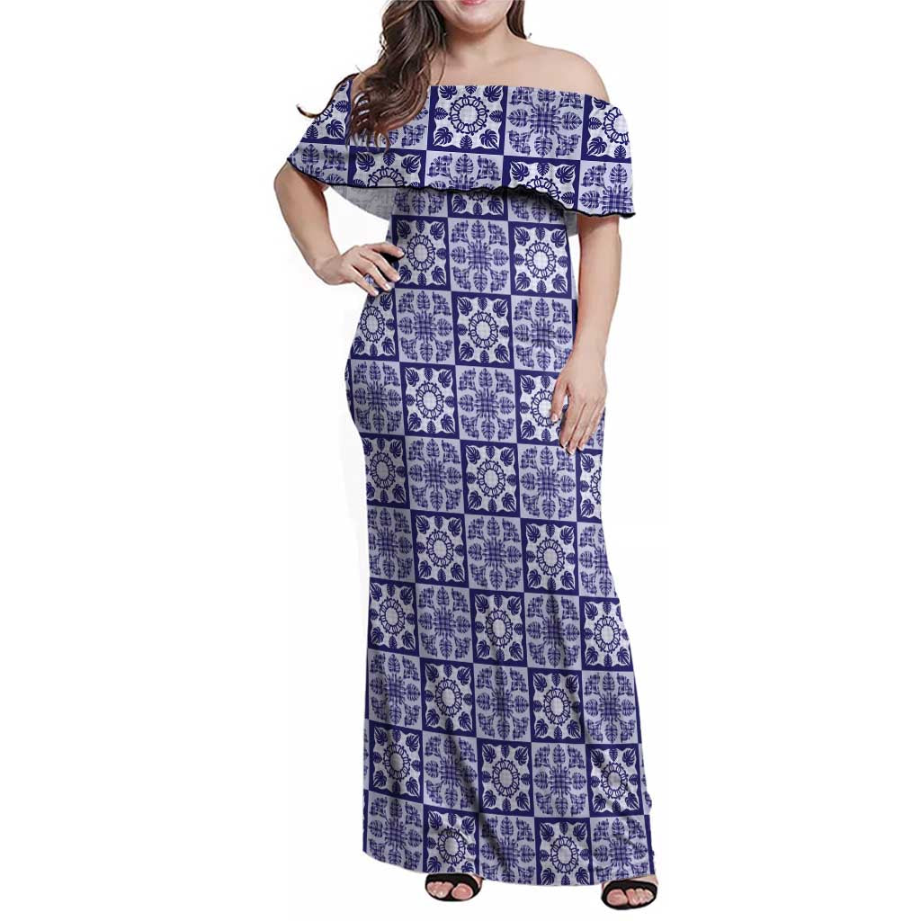 Polu Palaka Quilt Hawaii Family Matching Off Shoulder Maxi Dress and Hawaiian Shirt Hawaiian Tropical Monstera Sea Turtle LT14 Mom's Dress Blue - Polynesian Pride