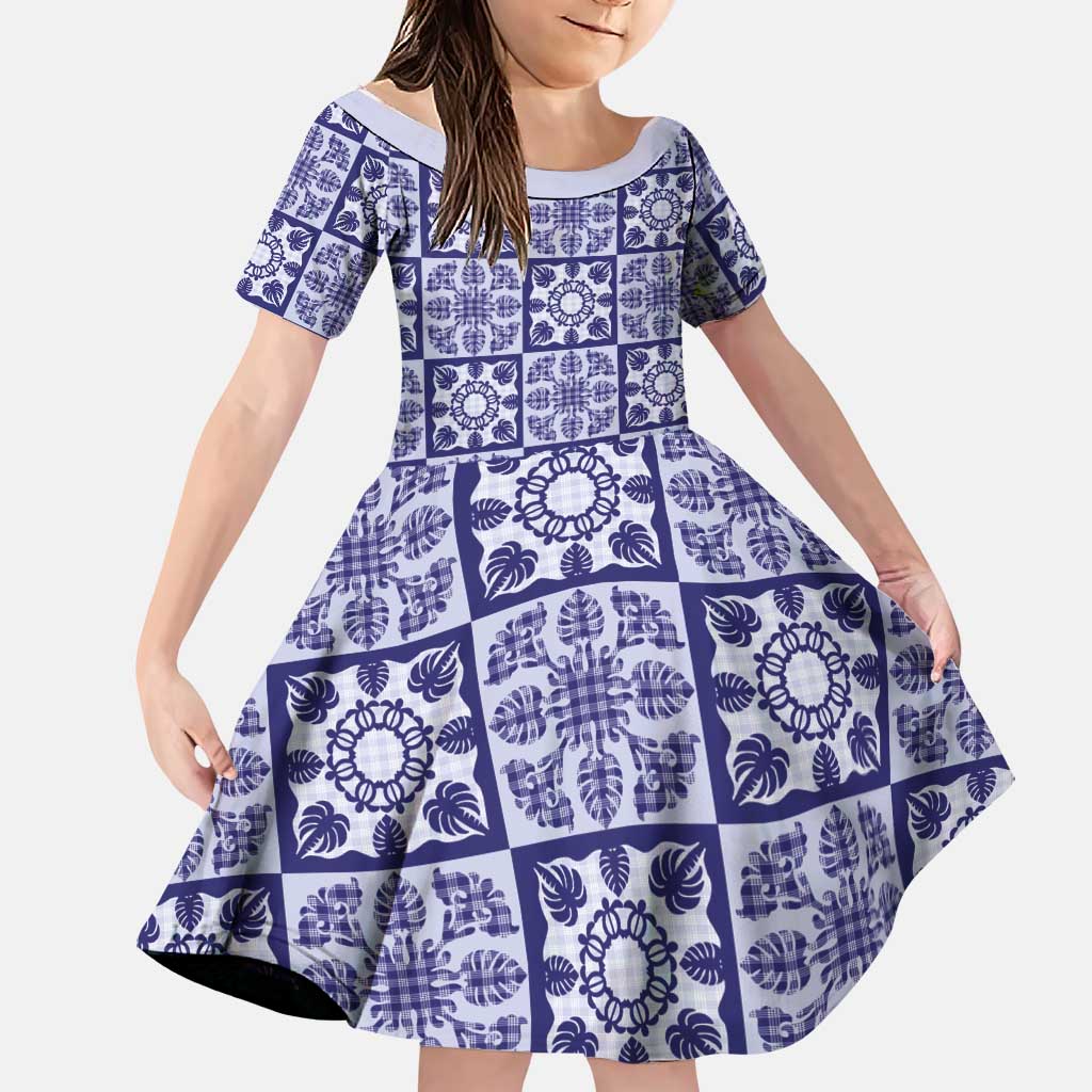 Polu Palaka Quilt Hawaii Family Matching Tank Maxi Dress and Hawaiian Shirt Hawaiian Tropical Monstera Sea Turtle LT14 Daughter's Dress Blue - Polynesian Pride