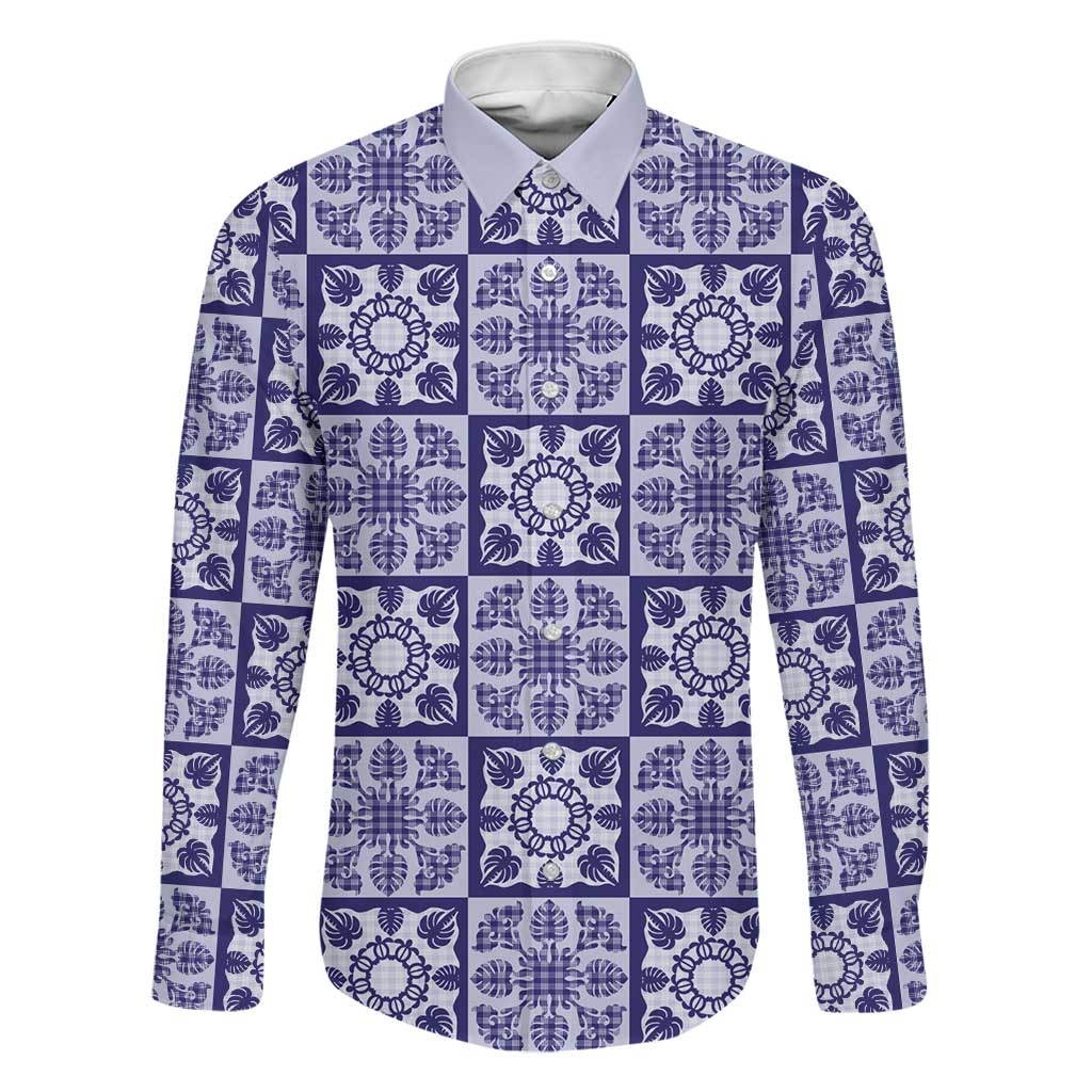 Polu Palaka Quilt Hawaii Family Matching Tank Maxi Dress and Hawaiian Shirt Hawaiian Tropical Monstera Sea Turtle LT14 Dad's Shirt - Long Sleeve Blue - Polynesian Pride