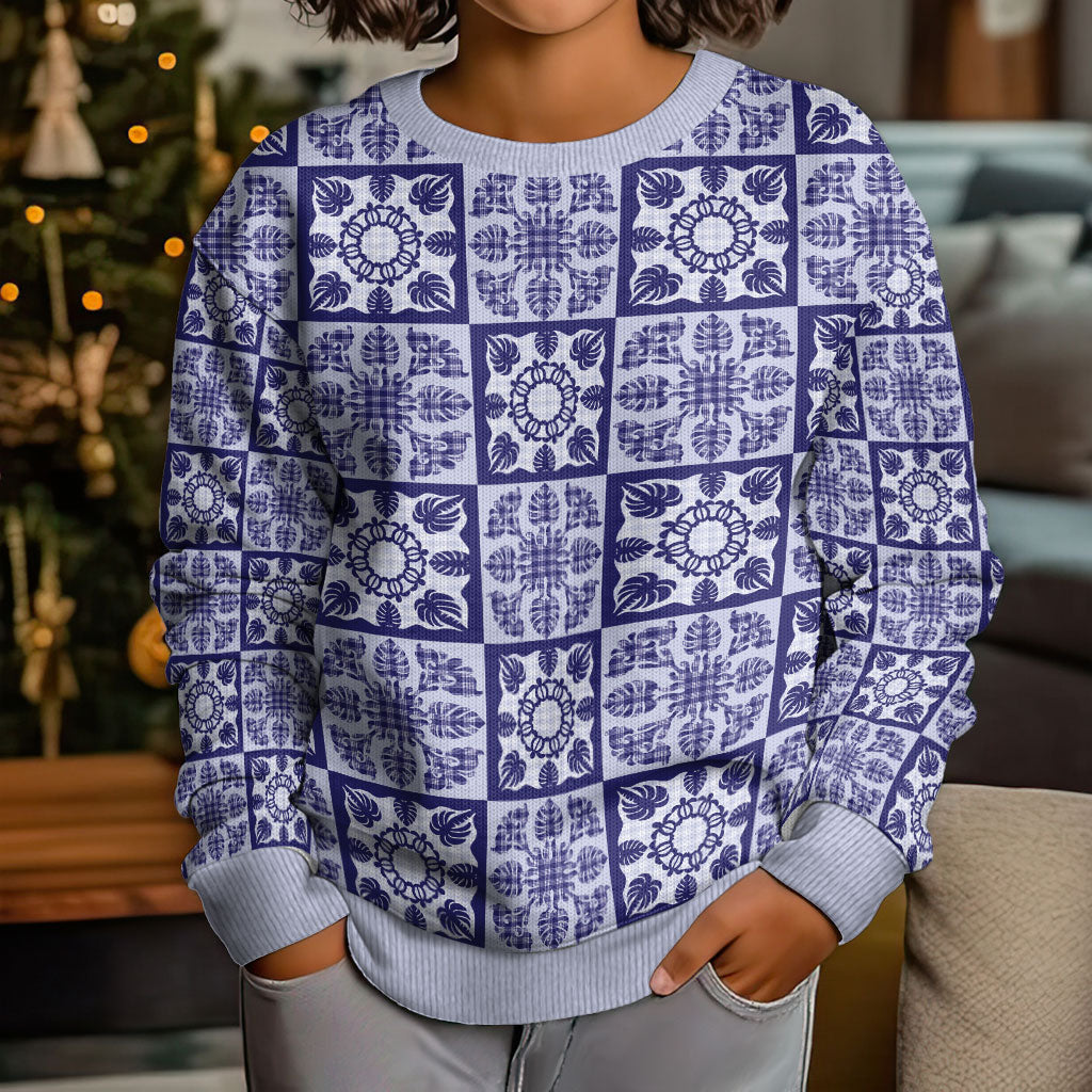 Polu Palaka Quilt Hawaii Kid Ugly Christmas Sweater Hawaiian Tropical Monstera Sea Turtle